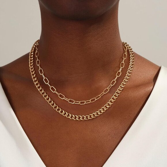 14K Gold Chain Plated Paperclip & Cuban Link Layered Choker Necklace - Trendy - Picture 2 of 9